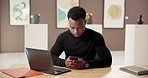 Mobile, man and creative curator in art gallery for text, typing and social media post for exhibition review. African worker, phone and update digital catalog, schedule and check email in museum