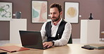 Art, typing and man at exhibition with laptop, critic and online review of creative business culture. Gallery, sales agent and curator on website for presentation, auction or showroom with research