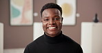 Art gallery, curator and face of happy black man with confidence, culture and creative business. Exhibition critic, sales agent or artist at presentation, auction or painting showroom with smile