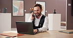 Art, laptop and man at gallery with phone call, curator and networking in creative business culture. Exhibition, web critic or writer at presentation, auction or showroom with communication in office