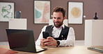 Phone, man and creative curator in art gallery for message, text or social media post for exhibition promotion. Mobile, happy worker and update digital catalog, schedule and check email in museum