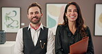 Face, collaboration and colleagues in office, smile and art director with file for project and curator. Museum, teamwork and people with pride for exhibition, conservator and ambitious in Canada