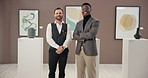 Businessmen, face and art gallery with confidence for auction, fine exposition or market display at exhibit. Portrait, male people or seller with auctioneer for painting sale or ceramic showcase