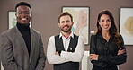 Face, business and team with arms crossed, smile and ambition for exhibition, curator and collaboration. Museum, conservator and people with confidence for project, proud and career growth in Canada