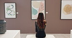 Thinking, painting and back of woman in gallery for museum curator, exhibition and artwork collection. Gala expo, inspiration and auction catalog with person and art for culture, event and reflection