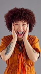 Face, scream and excited woman with surprise in studio for fashion sale on gray background. African person, portrait and wow for amazing deal, announcement and omg for good news with shock for winner