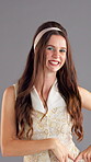 Face, fashion and woman with smile, dancing and fun with vintage outfit, studio and confident with dress. Happy, dancer and person with old school style, gray background or creative clothes in Canada