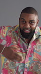 Face, robot dance and black man with fashion, smile and retro clothes on gray background. African person, model and vintage outfit with stylish wardrobe, pride and colourful with culture and trendy