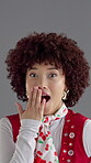 Vintage, shock and fashion with face of woman in studio for retro news, announcement and groovy style. Excited, surprise and indie aesthetic with person on gray background for wow, secret or giveaway