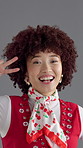Face, woman and dancing for retro fashion, happiness and confidence with groovy movement on gray background. Smile, portrait and African person with afro, vintage style or funky energy in studio