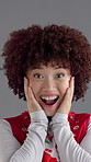 Retro, surprise and fashion with face of woman in studio for vintage news, announcement and groovy style. Excited, shock and indie aesthetic with person on gray background for wow, secret or giveaway