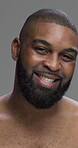 Studio, black man and face with happiness for skincare, grooming and beauty with cosmetics treatment. Portrait, male person and model glow with dermatology for self care, hygiene and gray background