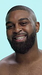 Face, smile and black man in studio for skincare, beard or grooming with hygiene, treatment and natural cosmetics. Beauty, male person and facial hair, self care or dermatology on blue background