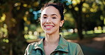 Face, confidence and happy woman in park for fitness, training routine and exercise health. Break, portrait or proud girl athlete with smile in nature for workout practice, outdoor jog and sports