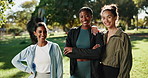 Face, fitness and smile of women at park together for cardio training or workout in summer. Exercise, diversity and health with happy group of friends outdoor for challenge, performance or running