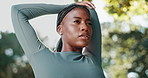 Runner, stretching arm and black woman outdoor for health, wellness and getting ready for sports. Athlete, warm up and person at park for fitness, exercise body and training preparation with flare
