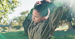Stretching arms, fitness and woman in park in morning for exercise, training and workout for wellness. Athlete, sports and person warm up outdoor for performance, running and health in nature
