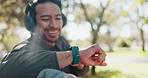 Smart watch, fitness and man in park for exercise, training and workout in morning. Sports, runner and happy person check time, tracking app and heart rate for health, wellness and performance