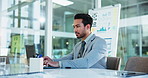 Businessman, laptop and typing at office for finance, report or budget planning with charts, thinking or review. Person, pc and decision with graphs, stats and audit for revenue at accounting agency