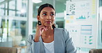 Businesswoman, graphs and thinking at office for finance, report or budget planning with decision. Problem solving, choice and accountant with charts, stats and ideas for revenue growth in accounting