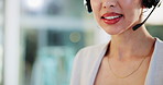 Call center, woman or mouth with customer service space, sales consulting or loan advice. Consiltant, financial advisor or finance help with headset or closeup for feedback, inquiry or banking limit