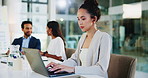 Meeting, businesswoman and typing with laptop for finance report, research or investment in office. Boardroom, female person and financial advisor with tech for information, risk management or review