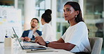 Meeting, businesswoman and thinking with laptop for typing, finance and investment in office. Boardroom, female person and financial advisor with digital for research, risk management and report idea