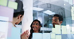 Business people, discussion and review with sticky notes for administration, meeting or strategy in office. Employees, training or planning with mentor for feedback, problem solving or upskill report