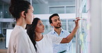 Business people, training and writing with sticky notes for administration, meeting or strategy in office. Employees, discussion or planning with mentor for feedback, problem solving or report