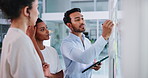 Business people, training and writing with sticky notes for brainstorming, meeting or strategy in office. Employees, tablet and planning with mentor for feedback, problem solving or digital report