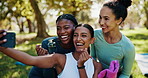 Selfie, yoga and women in park, exercise and bonding together with profile picture, wellness and smile. Healthy people, outdoor or friends with fitness, group and live streaming with pilates training