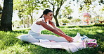 Nature, stretching and woman in park with yoga exercise for calm, peace and mindfulness in morning. Relax, leg warm up and female person with zen body movement for pilates workout outdoor in field.