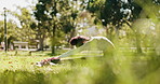 Nature, warm up and woman in park with yoga exercise for calm, peace and mindfulness in morning. Relax, stretching and female person with zen body movement for pilates workout outdoor in field.