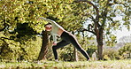 Warrior pose, yoga and woman stretching in park for workout, exercise and practice for mobility. Nature, fitness and person on grass for pilates, balance and posture for wellness, health and outdoor