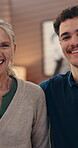 Face, elderly woman or happy in home with nurse, medical support or help in assisted living. Senior patient, caregiver or laugh in lounge for wellness, friendly service or care in retirement facility