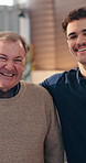 Face, elderly man or happy in home with nurse, medical support or help in assisted living. Senior patient, caregiver or laugh in lounge for wellness, friendly service or care in retirement facility