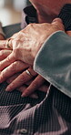 Hands, old couple and gratitude with love for comfort, care and trust in marriage with loyalty commitment. Elderly people, wellness and support with security, healthy relationship and affection 