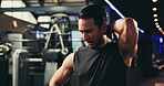 Man, neck pain or injury in gym with muscle tension, cramps or bad posture with athlete workout. Spine, inflammation or exercise with discomfort, fibromyalgia or stretching strain at fitness center