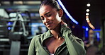 Woman, neck pain or injury in gym with muscle tension, cramps or bad posture with athlete workout. Spine, inflammation or exercise with discomfort, fibromyalgia or stretching strain at fitness center