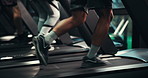 Shoes, legs and running on treadmill in gym, active and training with energy, speed and cardiovascular health. Runner, sneakers and person on exercise equipment, machine and workout at fitness center