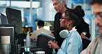 People, mentor and computer programmer in office for teamwork, problem solving and software update. Women, feedback and manager with tablet for web development, reading information and coding system
