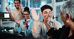 High five, computer and business people in workplace, applause and achievement with web design. Group, hand gesture and employees with pc, clapping and funding for project, coding analysis and smile