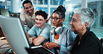 Group, woman and talk for programmer on computer for teamwork, problem solving and software update. People, discussion and pc for information, web development and explain procedure of server solution