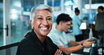Arms crossed, face and smile of developer woman at desk in office as graphic designer for software development. Business, coding and programming with mature engineer at work for virtual update