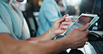 Tablet, hand and programmer with person and stylus for gaming developer, code update and design software. Research, backend script and creative project with closeup of employee in agency for planning