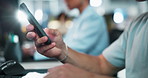 Hands, business and man in office, smartphone and email notification, internet and social media. Closeup, person and employee with online reading, app and cellphone with network or message to contact