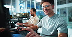 Computer, reading and typing with happy man programming in office as graphic designer for software development. Coding, smile and web design with developer or engineer at work for virtual update