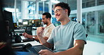 Computer, fist pump and smile of programmer man at desk in office as graphic designer for software development. Goals, target and success with happy developer or engineer at work for web design