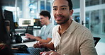 Computer, reading and smile of programmer man at desk in office as graphic designer for software development. Coding, data and web design with happy developer or engineer at work for virtual update