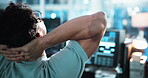 Relax, back and coding with person and computer for software developer, programmer update and stretching. Research, backend script and app project with employee in agency for web design and review
